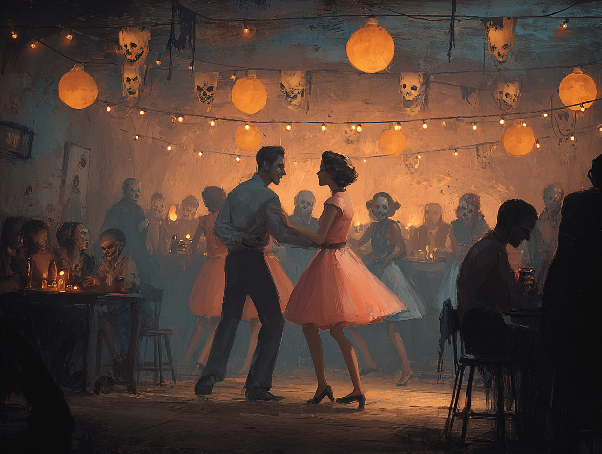 Block print of crowd watching fireworks